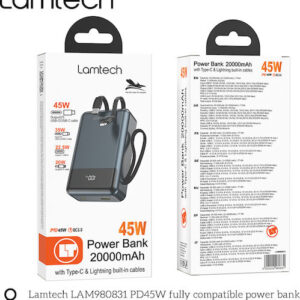 LAMTECH PD45W PowerBank 20000mAh Με Ενσωματωμένα Καλώδια Type-C & Lightning QC3.0 LAM980831 - Image 5